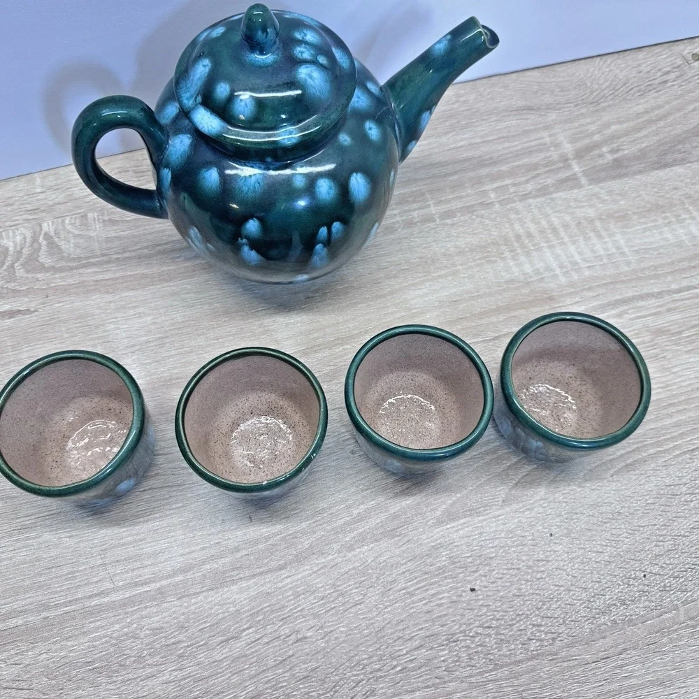 The Arkansas Stoneware Co Teapot Cup Set Green‎ Drip Glaze Studio Pottery